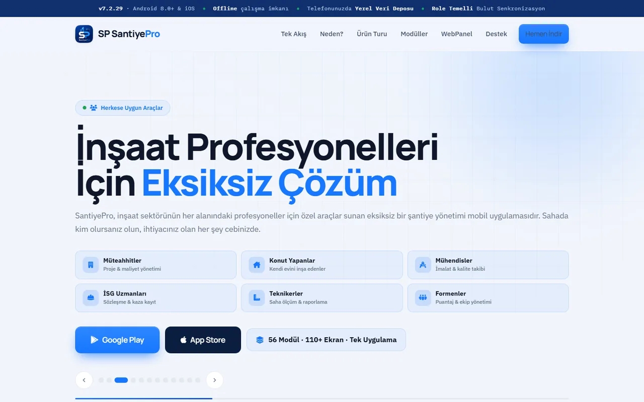 Şantiyepro web sitesi ana sayfası